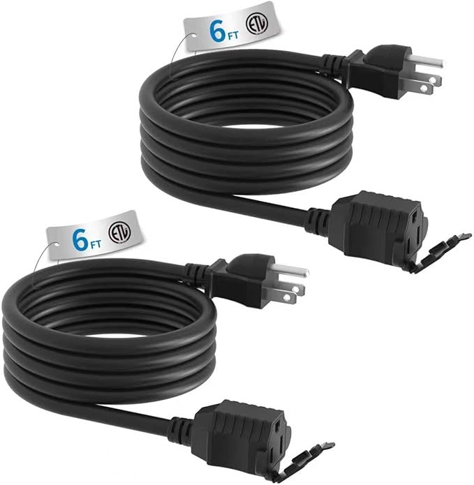 TiFFCOFiO Indoor Outdoor Extension Cord Waterproof, 6 Feet 3 Prong Power Cord for Home and Garden, 16 AWG, 13A/1625W, ETL Listed, 2 Packs