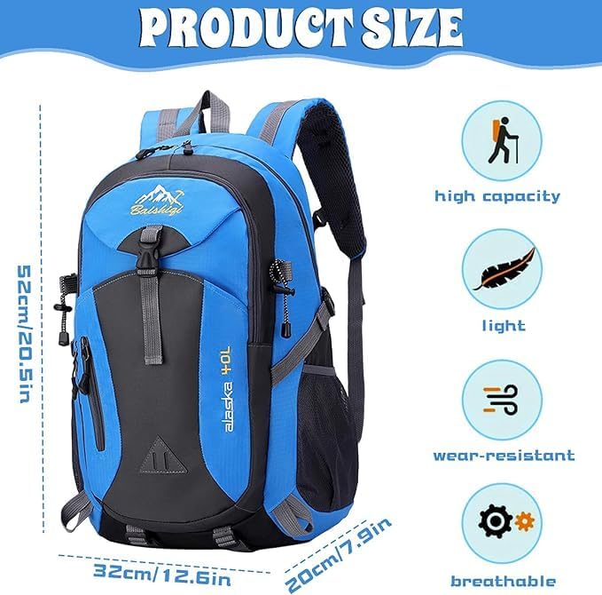 40L Hiking Backpack, Lightweight Daypack for Men Women, Polyester Rucksack, Breathable Backpack with Multi Pockets for Camping Walking Commuting Outdoor Short Trips-Blue