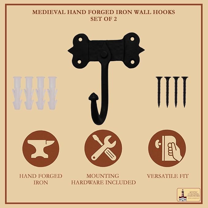 "Mystic Colonial Medieval Hand-Forged Iron Wall Hooks Set of 2 (4 in x 5 in) Rustic Coat Hooks | Heavy Duty Black Antique Hangers with Mounting Hardware | Vintage Wall Hooks for Bags, Towels & Keys"