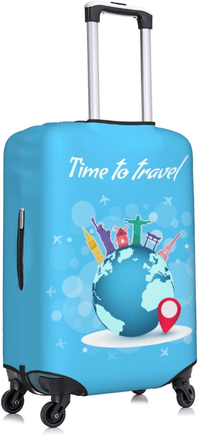 Travel Luggage Cover with Time to Travel Print, World Landmarks Design, Elastic Suitcase Protector for Suitcases (Fits 18-21 Inch Luggage)