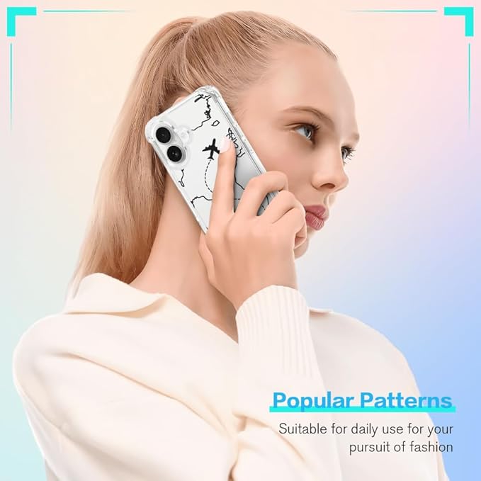 FANXI Minimalist Airplane Travel Map Phone Case Compatible with iPhone 16 (6.1 Inch) - Shockproof Clear Soft TPU Protective Cover with Airplane Design for Women Men and Girls