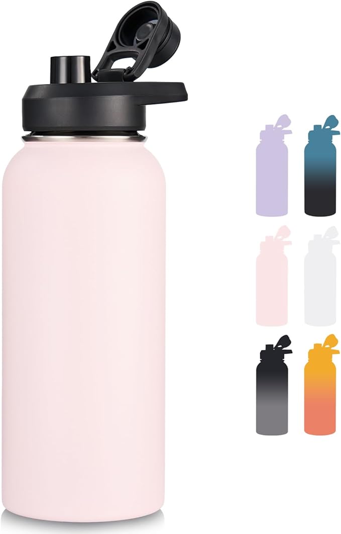 Fijinhom 32 oz Insulated Water Bottle with Handle, 304 Stainless Steel Water Bottles with Wide Mouth, Double Wall Vacuum Sports Water Bottle, BPA Free, Keep Cold and Hot, Pink
