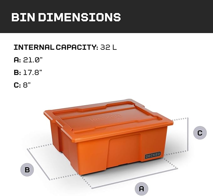 DECKED Payloader 32 L (1-Pack) - 75 lb Bin / 200 lb Lid Load Rated, Heavy-Duty Stackable Storage Bins, Fits Drawer System & Tool Box - Blaze Orange