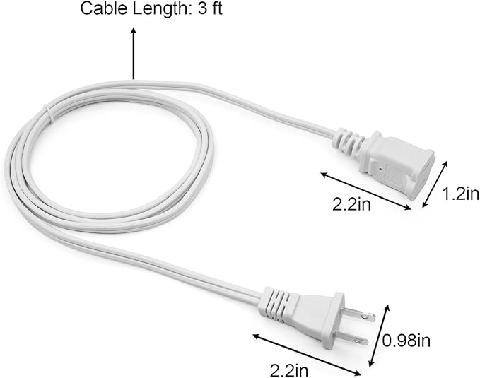 Short Extension Cord 3 Ft,2-Prong Extension Cord, NEMA 1-15P to 1-15R Thin Extension Power Cord - Compact Indoor/Outdoor Use for Home Office Small Appliances Camping