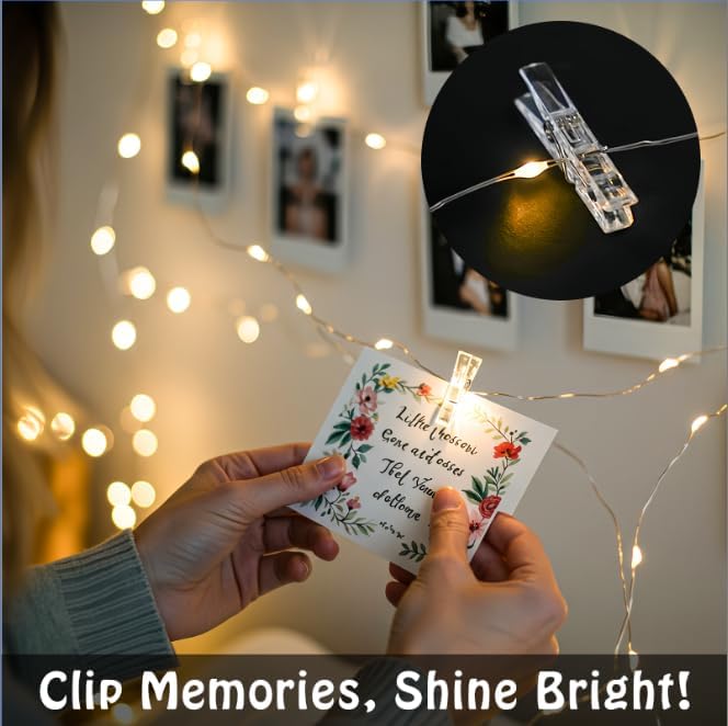 suddus 16ft 50 LED Fairy Lights with Clips for Pictures, Photo Lights with Remote USB Powered & Battery Operated with 22 Clear Clips, String Lights for Party, Bedroom, Decoration, Warm White