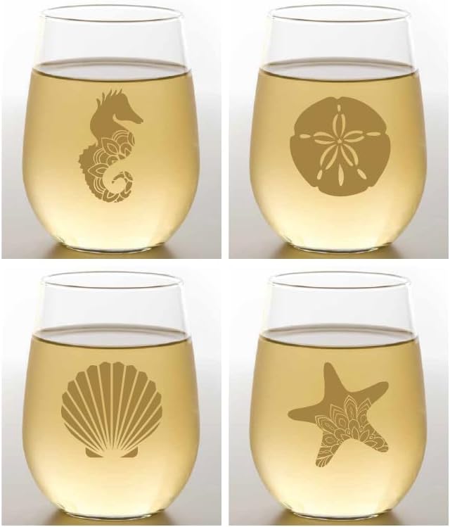 Set of 4 Shatterproof Designer 16 oz Plastic Wine Glasses MADE in the USA (OCEAN SPIRIT)