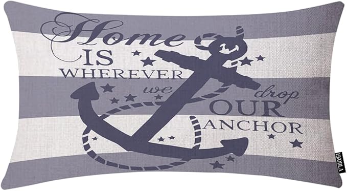 EKOBLA Nautical Pillow Covers Home is Wherever We Drop Our Anchor Waist Lumbar Cotton Linen Cushion Cover Oblong Rectangle Pillowcase for Men Women Home Decoration Bedroom 12x20 Inches