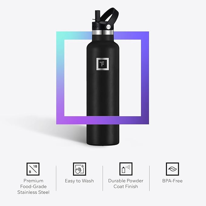 IRON °FLASK Camping & Hiking Hydration Flask with Straw, BPA-Free Insulated Stainless Steel Sports Water Bottle - 24 oz Midnight Black