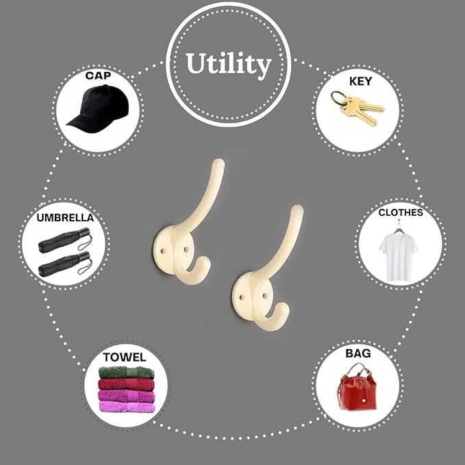 FAPBADRI Multipurpose Hooks, Used to Hang Clothes, Bags, Coats, Curtain Hold Backs, Keys, Ivory Colour, Material - Aluminium, Screws and Wallplugs Included, Pack of 2 Pieces