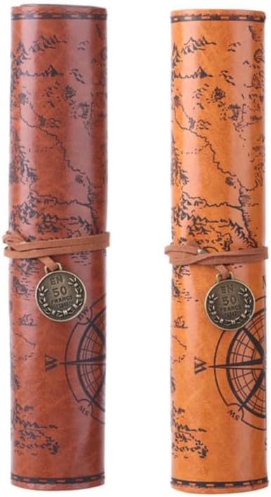MAGICLULU Retro Treasure Map Roll up Pencil Case Leather Large Capacity Pencil Pouch Organizer for Art Supplies and Makeup Brushes 8.19X8.19 Inches
