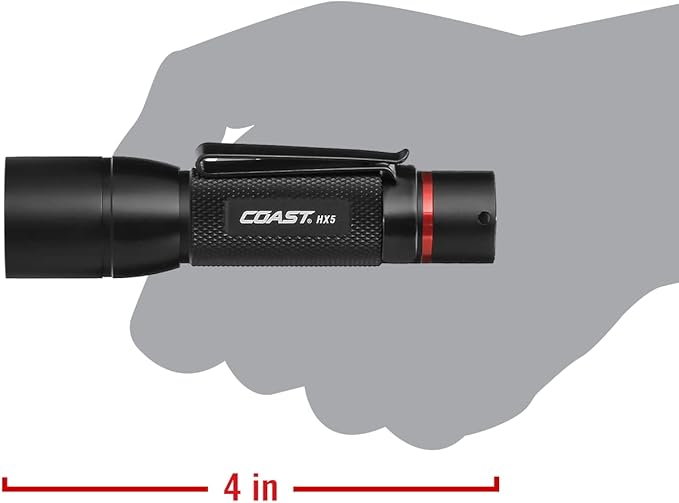 Coast HX5 410 Lumen LED Flashlight, Pure Beam Focusing, Slide Focus, Pocket Clip, Weatherproof, Pocket Sized, Black