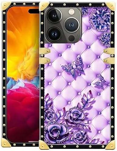 Compatible with iPhone 15 Pro Max Case, Purple Butterfly Flowers Leaf Luxury Golden Decoration for Girl Women Soft TPU Shockproof Protective Hard PC Back for iPhone 15 Pro Max