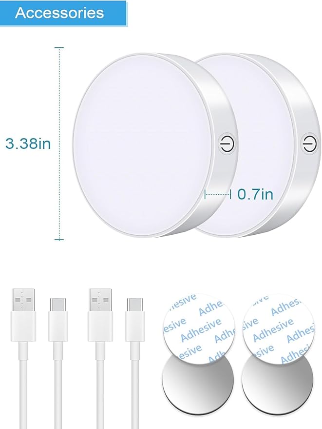 WILLED 3000K Dimmable Touch Lights, Battery Rechargeable Tap Lights, Magnet Stick on Closet Light, Portable LED Puck Night Lights for Cabinet, Wardrobe, Counter, Kitchen, Bedroom (2 Pack)
