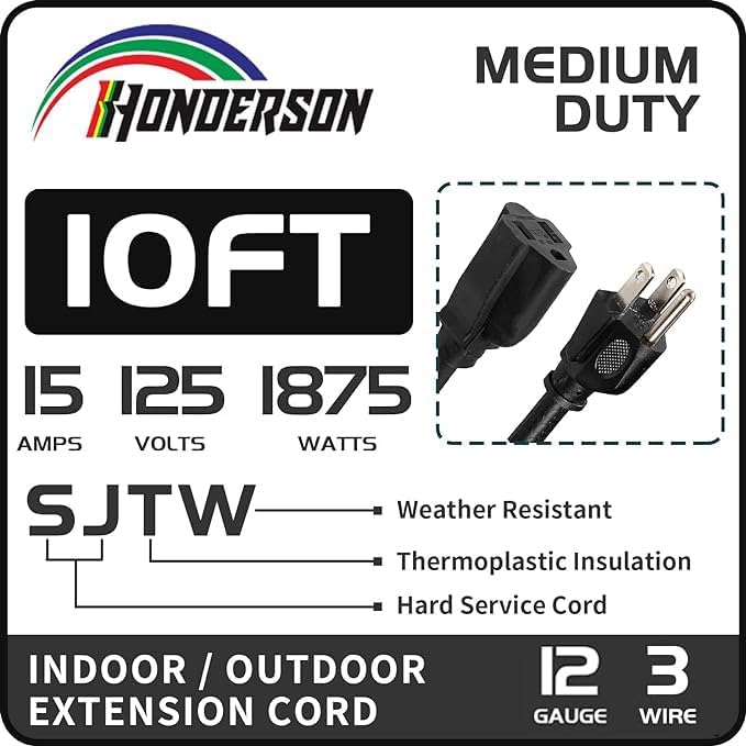 Indoor Outdoor Extension Cord Weatherproof, UL Certified, 12 Gauge 10FT Black 3 Prong Heavy Duty, 12/3 SJTW 15A Power Cord for Outdoor Lights, Appliances, Lawn