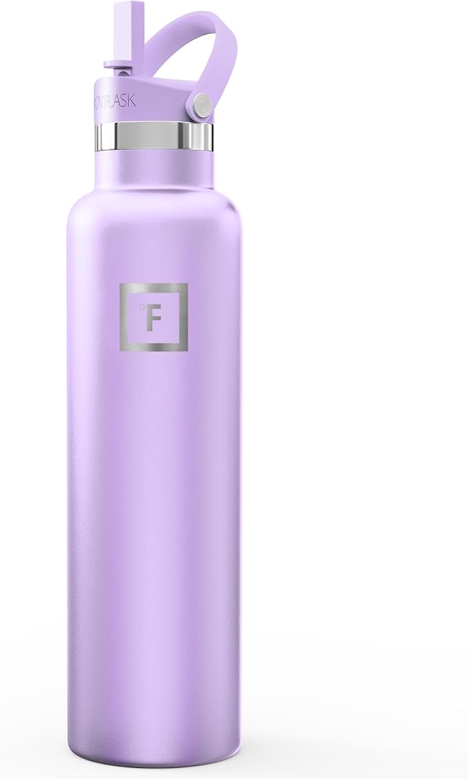 IRON °FLASK Camping & Hiking Hydration Flask with Straw, Narrow Mouth Insulated Stainless Steel Sports Water Bottle - Lavender 24 oz - Straw (1 Lid)
