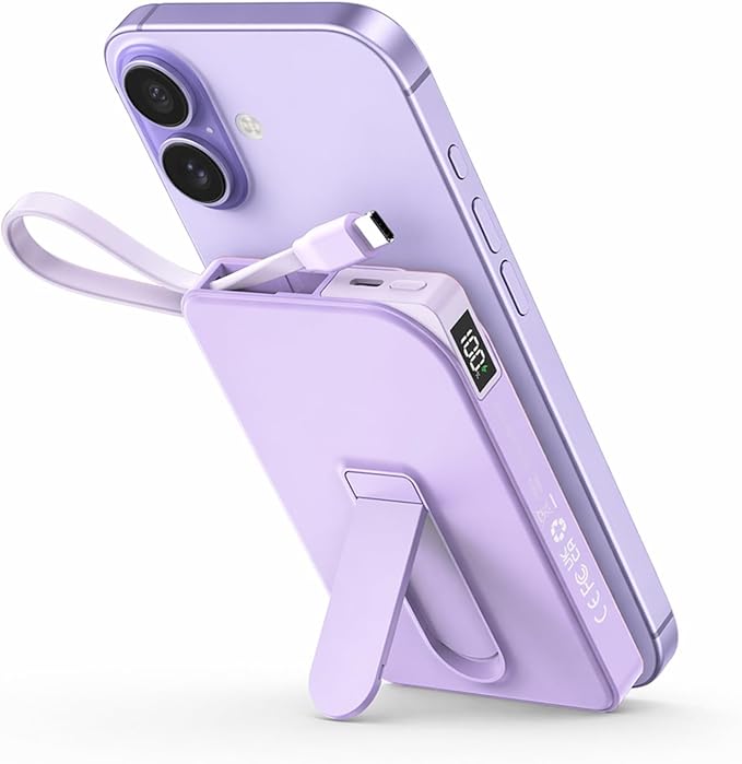 Magnetic Portable Charger, for Magsafe Battery Pack with Stand, 10000mAh Wireless Power Bank Fast Charging with Built in Cable(USB C), Powerbank for iPhone17/16/15/14/13/12 Travel & Daily, Purple