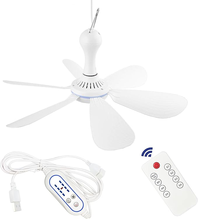Silent USB Powered Ceiling Fan with Remote Control Timing 4 Speed, Quiet Small DC Plug in Ceiling Fan Hanging Fan for Camping Bed RV Tent Canopy Room