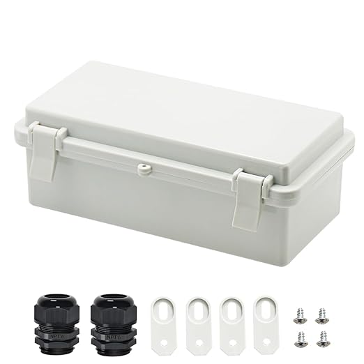 Zulkit Junction Box ABS Plastic Dustproof Waterproof IP65 Electrical Boxes Hinged Shell Outdoor Universal Project Enclosure with 2 Cable Glands 7.9 x 3.9 x 2.8 inch (200x100x70mm)
