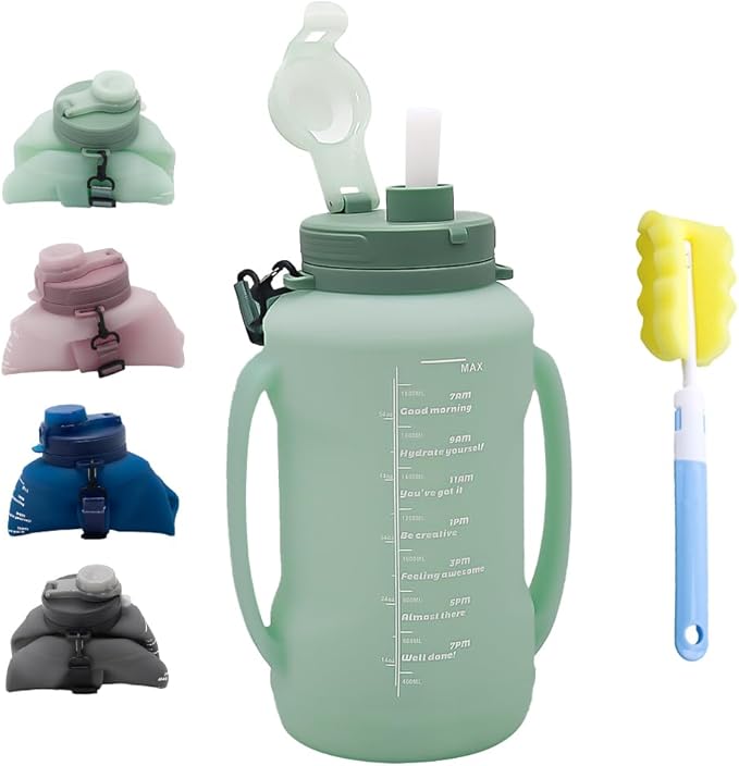 64oz Foldable Silicone Water Bottle with Straw, BPA-Free Motivational Time Marker, Leakproof Collapsible Water Jug with Handle for Gym, Sports, Camping & Outdoor Activities (Green)