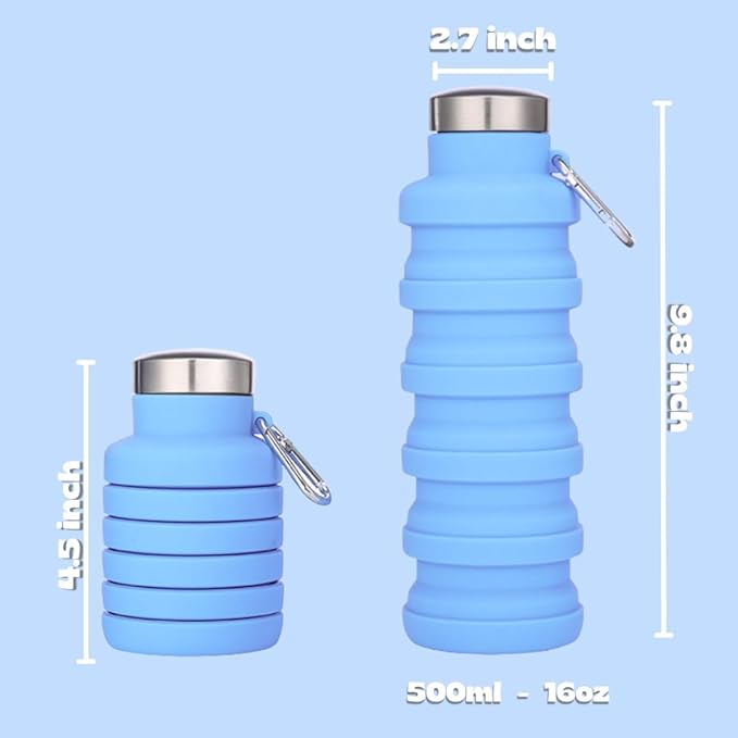 Vnek Portable Collapsible Water Bottle - Lightweight Silicone Bottle 500ml, BPA-Free, Leak-Proof and Foldable for Gym, Travel, Hiking, Camping, and Everyday Use (Blue)