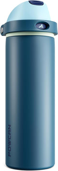 POWCAN 24 oz Insulated Stainless Water Bottle: 2-in-1 Push-Button Spout & Quick-Flip Straw, Leakproof, Cold 24 Hrs, Fits Car Cup Holder, Reusable Metal Bottle for Sports, School Gift (Denim Blue)