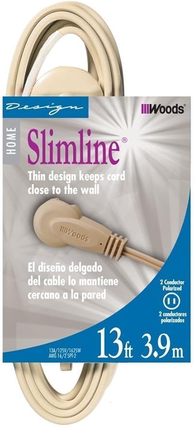 Woods Slimline 16/2 Flat Plug Extension Cord, 13ft, Beige, 2240