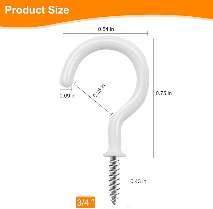 Cup Screw Hooks,3/4 inch Vinyl Coated Ceiling160 Pack Screw in Hooks Plant Hanger Wind Chimes Kitchen Cup Hooks Great for Hanging Indoor & Outdoor Use(White)
