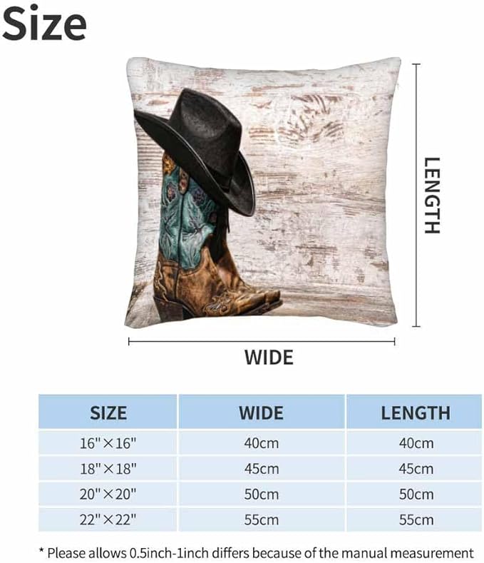 Western Cowboy Embroidered Boots Hat 18x18 Throw Pillow Covers Set of 2 American West Rodeo ATOP Fashion Leather Cushion Pillow Cases Square Outdoor Decorative Home Bed Sofa Couch Office