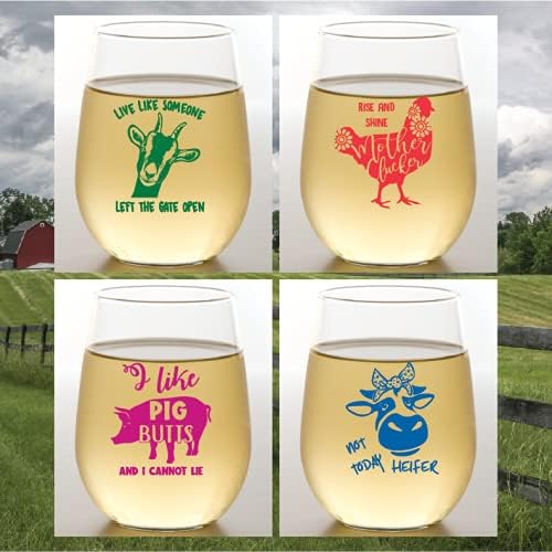Wine-Oh! Set of 4 Shatterproof Designer 16 oz Plastic Wine Glasses MADE in the USA (FUNNY FARM)