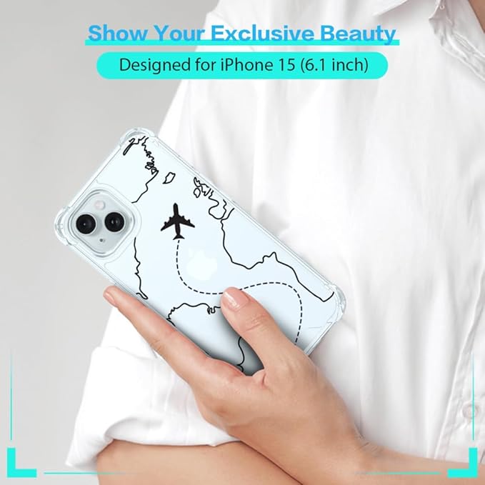 FANXI Minimalist Airplane Travel Map Phone Case Compatible with iPhone 15 (6.1 Inch) - Shockproof Clear Soft TPU Protective Cover with Airplane Design for Women Men and Girls
