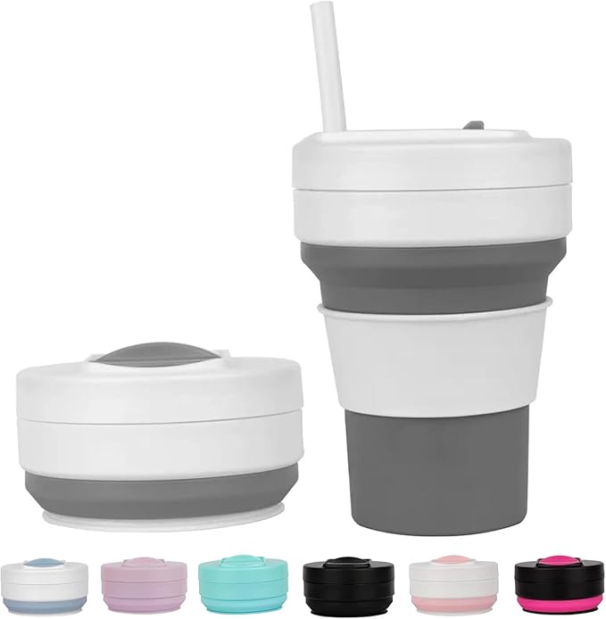 12 OZ Collapsible Travel Cup with Lid,Silicone Foldable Drinking Cup for Camping Hiking,Portable Silicone Water Bottle for Hot and Cold Beverages with Straw- Grey & White