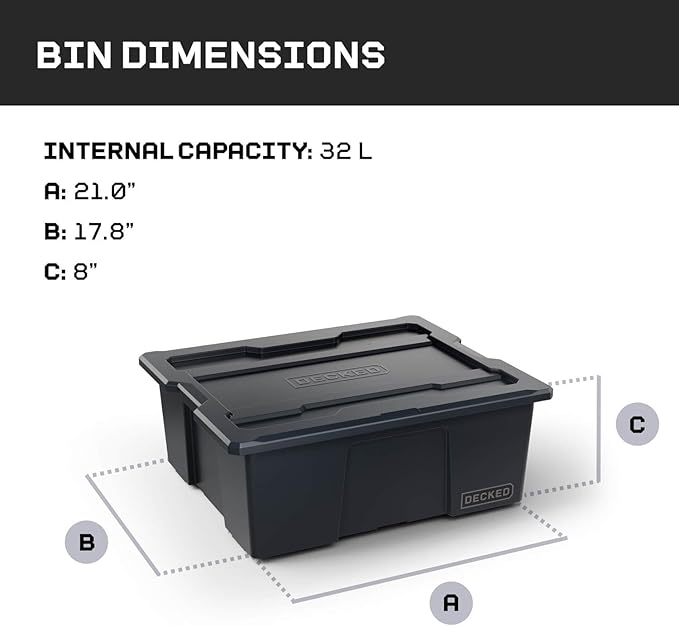 DECKED Payloader 32 L (3-Pack) - 75 lb Bin / 200 lb Lid Load Rated, Heavy-Duty Stackable Storage Bins, Fits Drawer System & Tool Box - Black
