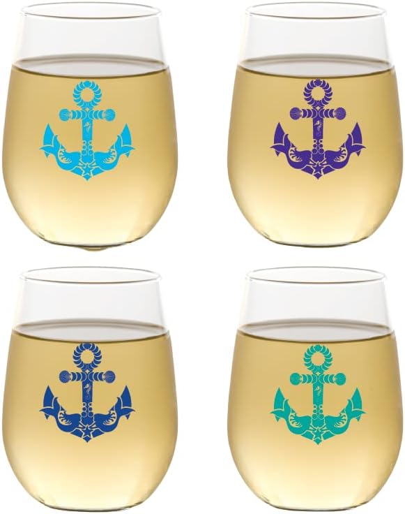 Set of 4 Shatterproof Designer 16 oz Plastic Wine Glasses MADE in the USA (ANCHORS)