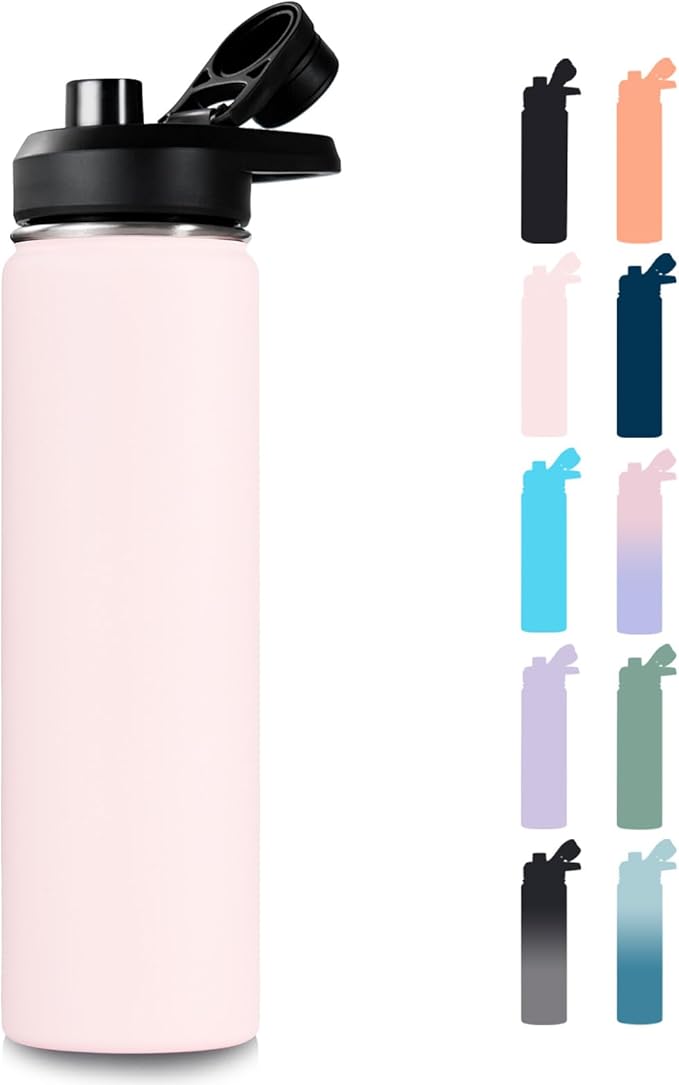 Fijinhom 24 oz Insulated Water Bottle with Handle, 304 Stainless Steel Water Bottles with Wide Mouth, Double Wall Vacuum Sports Water Bottle, BPA Free, Keep Cold and Hot, Pink