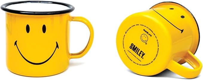 Suck UK Smiley Enamel Tea Mug - Coffee Cup - Camping Gear - Vintage Metal Camping Cup - Outdoor Camper Gift - Coffee Gifts for Men - Retro Enamelware - Stocking Stuffers Mug - Smiley Drinkware 12oz