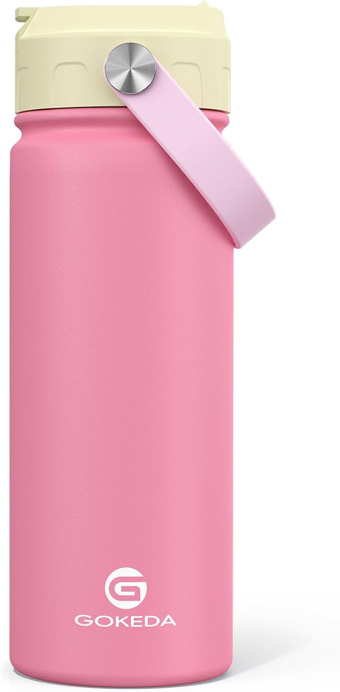GoKEDA 18oz Kids Water Bottle, Insulated Bottles with Stickers, 18/8 Stainless Steel Vacuum Leak Proof Straw Cup for School, Gifts for Boys Girls(YelloPink)