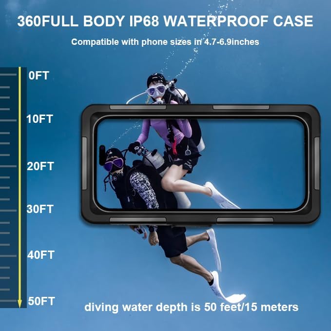 2026 Underwater Snorkeling Diving Phone Case for Phone 17/16/15/14/13/12Pro Max/Galaxy S25/S24/S23.(50ft/15m) Professional Scuba Dive Waterproof Case Underwater Photo Video（Black）