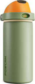 POWCAN 18 oz Metal Sports Water Bottle: 2-in-1 Push-Button Spout & Quick-Flip Straw, Leakproof, Cold 24 Hrs, Fits Car Cup Holder, Insulated Bottle for Hiking, Camping, School, Travel Gift (Olive Cool)