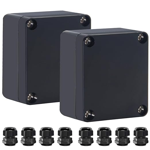 Junction Box IP65 Waterproof ABS Plastic Electrical Project Case Power Junction Boxes, Project Box with 4 PCS M12 Cable Glands 2.5 x 2.3 x 1.3 Inch （63 x 58 x 33mm