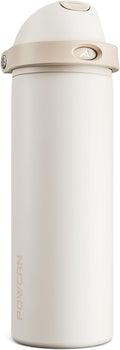 POWCAN 24 oz Insulated Water Bottle: 2-in-1 Push-Button Spout & Quick-Flip Straw, Leakproof, Cold 24Hrs, Fits Car Cup Holder, Stainless Steel Water Bottle for Sports, Travel, School, Gift (Oat Mousse)