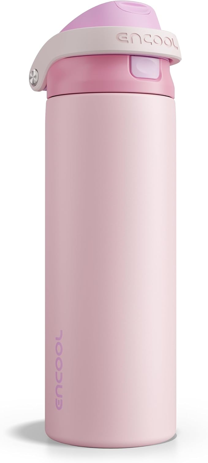 ENCOOL Leakproof Insulated Water Bottle with Straw Dual-Sip Water Bottle Bag-Safe Design for Work, Commute & Gym – Keeps Drinks Cold All Day, 24 oz, Macaron Pink