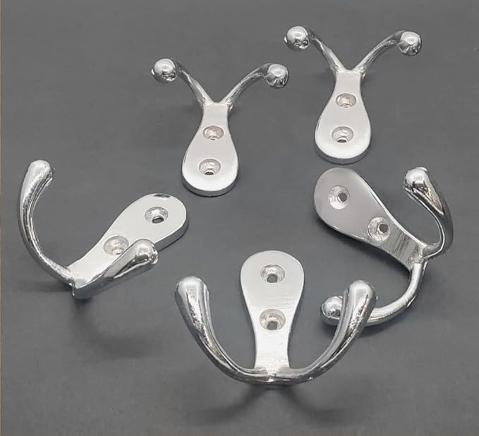 FAPBADRI Multipurpose Hooks, Used to Hang Clothes, Bags, Coats, Curtain Hold Backs, Keys, Colour - Silver, Material - White Metal, Screws and Wallplugs Included, Pack of 4 Pieces