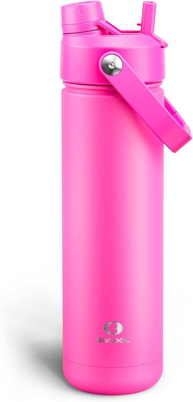 ENCOOL Insulated Water Bottle with Straw Stainless Steel Water Bottle, Leak-Proof, BPA-Free, Double Wall Vacuum Keeps Cold for 24 Hours for Sports, Travel, School (26 oz, Persian Rose)
