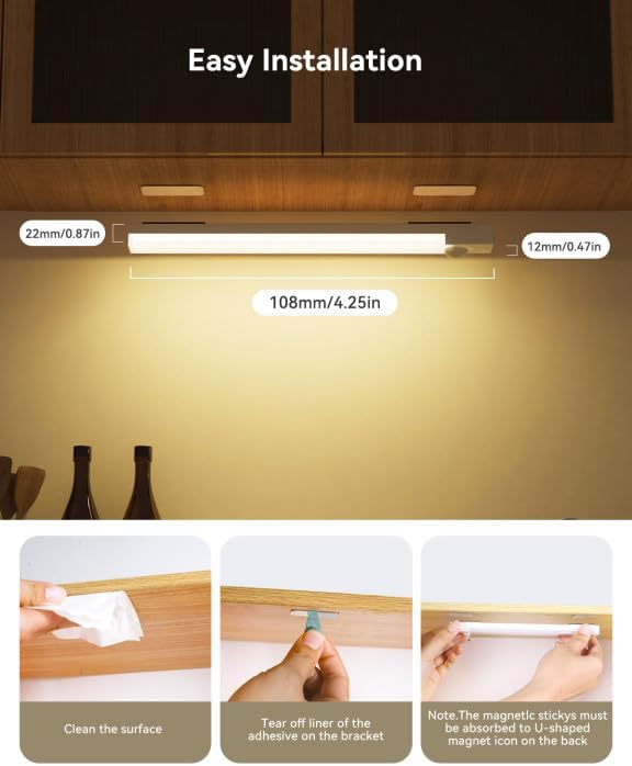 Under Cabinet Lights 4-Inch 12-Pack, USB Rechargeable Motion Sensor Light Indoor 3 Colors, Dimmable Closet Lights Battery Operated, Wireless Under Counter Lights for Kitchen, Shelf