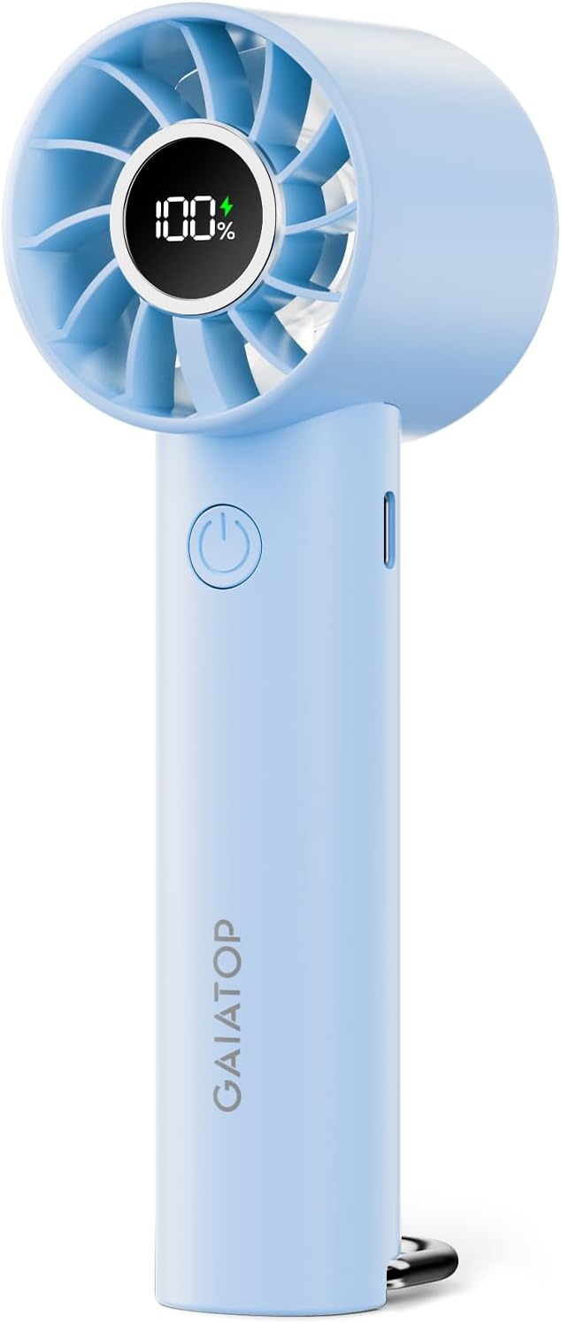 Gaiatop Portable Mini Fan, 3 Speed Handheld Fans with Power Display Flashlight, USB Rechargeable Battery, Lightweight Personal Cooling for Women Men Indoor Outdoor Travel Blue