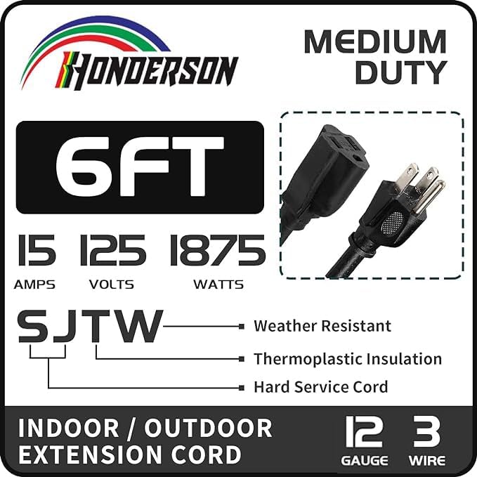Indoor Outdoor Extension Cord Weatherproof, UL Certified, 12 Gauge 6FT Black 3 Prong Heavy Duty, 12/3 SJTW 15A Power Cord for Outdoor Lights, Appliances, Lawn