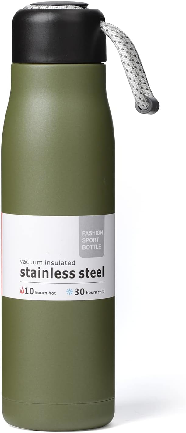Small Water Bottle, Dusgut Insulated Water Bottle, Stainless Steel, Wide Mouth Portable Lid, 17 oz, Army Green