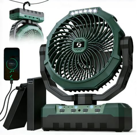 36000mAh Portable Camping Fan - 120HRS Rechargeable Fan with Detachable Battery with LED - 4 Speeds Battery Powered for Tent,Travel, Office, Jobsite, Green