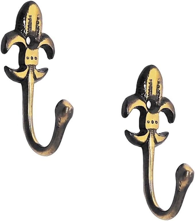 FAPBADRI Multipurpose Hooks, Used to Hang Clothes, Bags, Coats, Curtain Hold Backs, Keys, Colour - Antique Gold, Material - Brass, Royal Design, Screws and Wallplugs Included, Pack of 4 Pieces