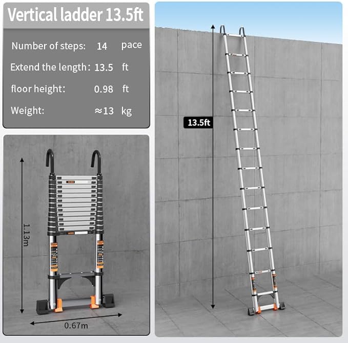 Telescoping Ladder,with Stable Hook and stabilizer barand,13.5FT Extension Ladder, Heavy Duty 330lbs Max Capacity, Multi-Purpose Collapsible Ladder for RV or Outdoor Work (4.1M/13.5FT)